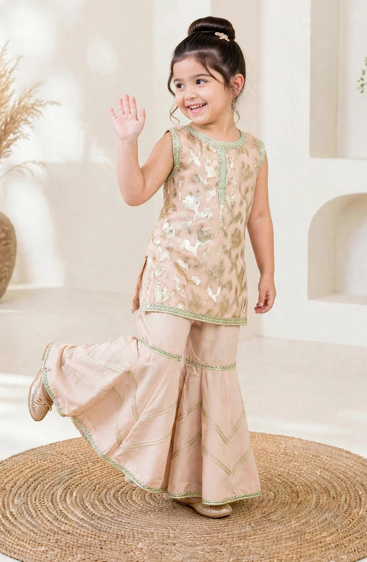 3 Piece Textured Banarsi Peach Gharara - 11330-Pch - MOD26TWF - Festive Collection