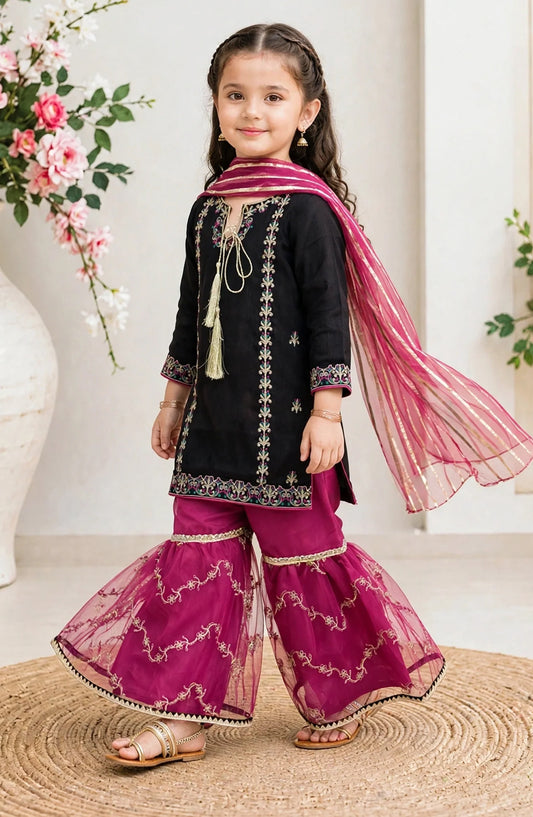 Kids Black Rawsilk Gharara Outfit - 11220-Blk - MOD26TWF - Festive Collection