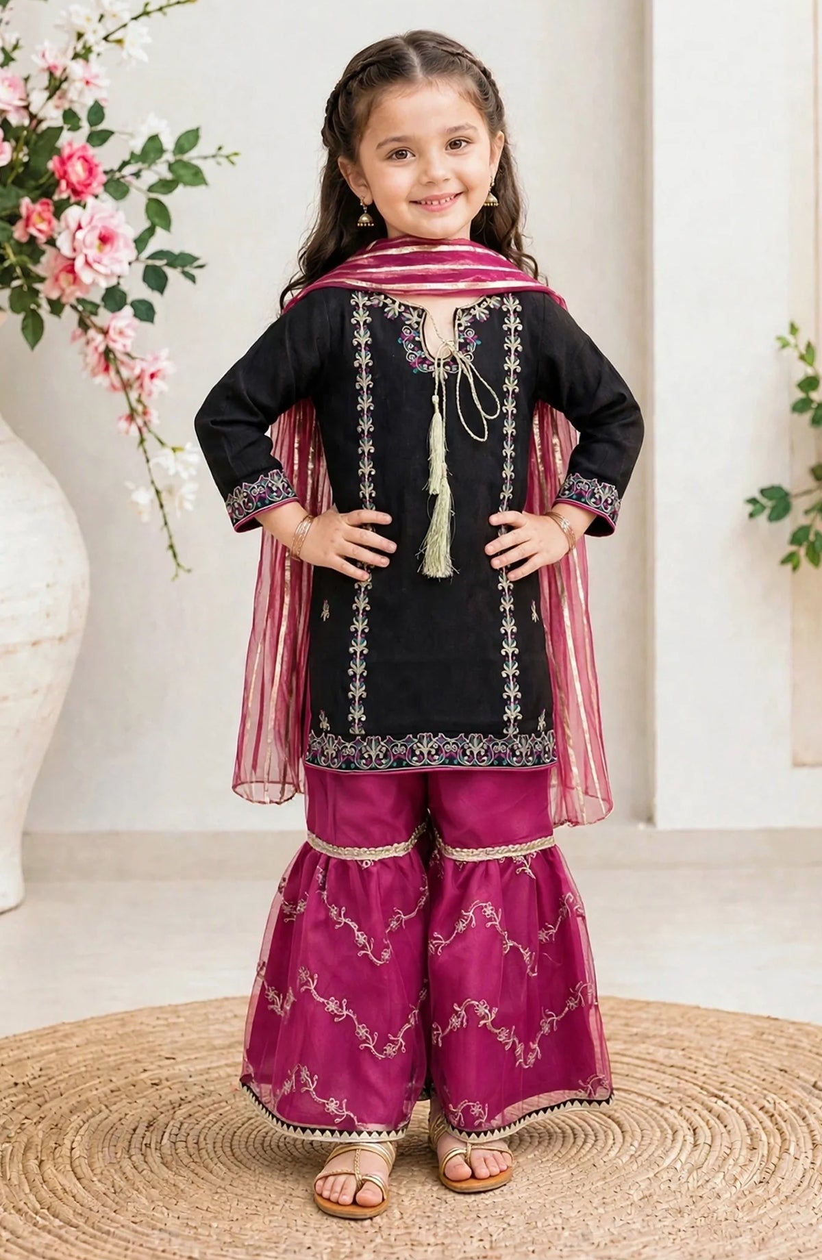 Kids Black Rawsilk Gharara Outfit - 11220-Blk - MOD26TWF - Festive Collection