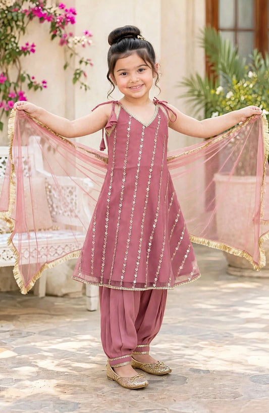 3 Piece Net Embroidered Pink Frock - 11300-Pnk - MOD26TWF - Festive Collection