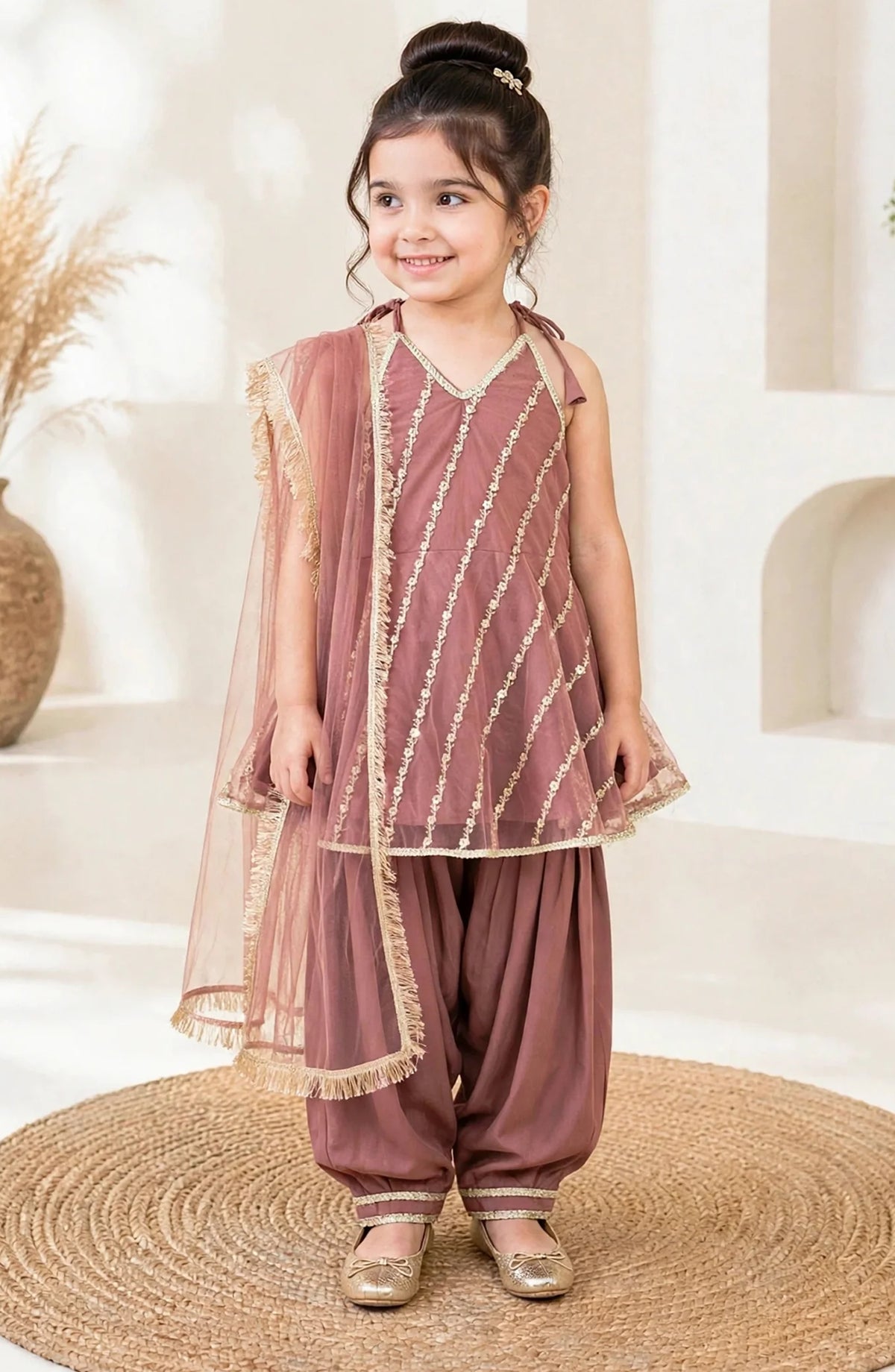 3 Piece Net Embroidered Tea Pink Suit - 11300-TPnk - MOD26TWF - Festive Collection