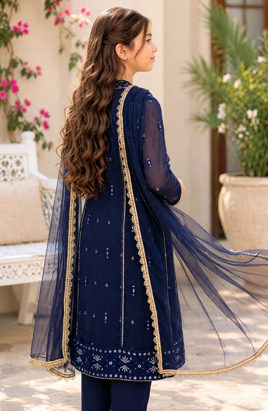 3 Piece Blue Embroidered Crinkle Suit - 11115-Blu - MOD26FFC - Festive Collection