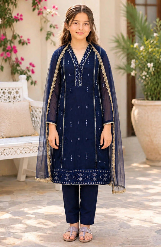 3 Piece Blue Embroidered Crinkle Suit - 11115-Blu - MOD26FFC - Festive Collection
