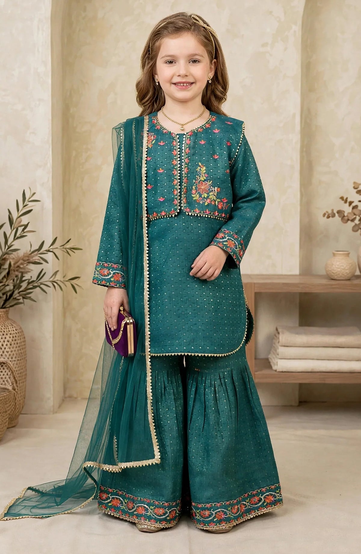 4 Piece Cotton Lawn Embroidered Green Gharara - 11150-Grn - MOD26FFC - Festive Collection