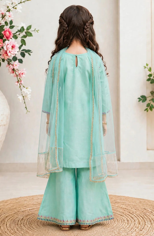 3 Piece Blue Cotton Lawn Embroidered Gharara - 11290-Blu - MOD26FFC - Festive Collection