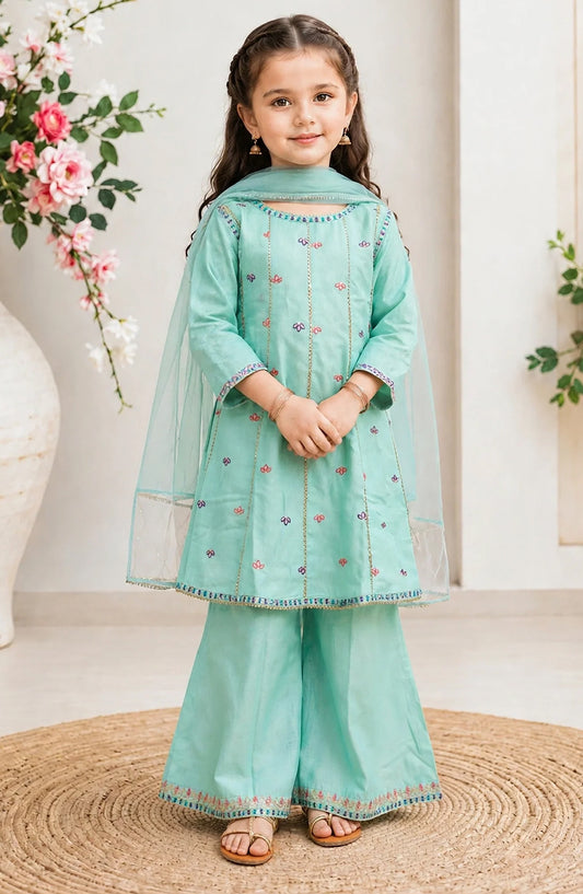 3 Piece Blue Cotton Lawn Embroidered Gharara - 11290-Blu - MOD26FFC - Festive Collection