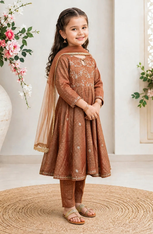 3 Piece Cotton Lawn Embroidered Frock - 11275-Brn - MOD26FFC - Festive Collection