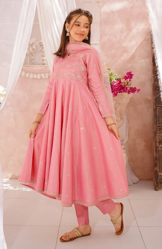 3 Piece Cotton Lawn Embroidered Frock Pink 10695-Pnk MOD26MT Festive Collection