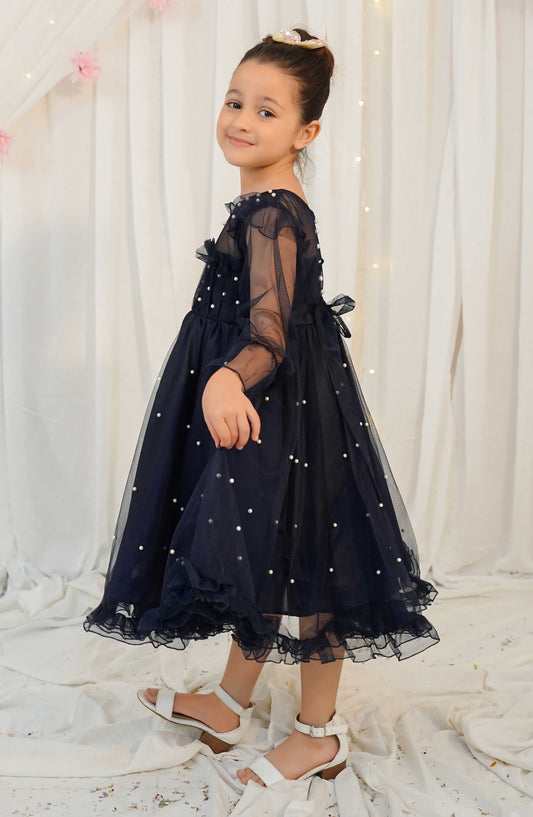 Modest Net Stitched Frock - 9870-Blu Sapphire - MOD25PRF - Blue - Festive Girls Collection