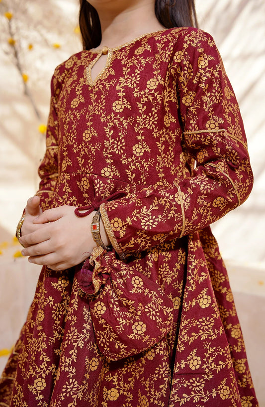 Maroon Rawsilk Printed 3 Piece Frock 10970-Mar - MOD26MT - Festive Collection