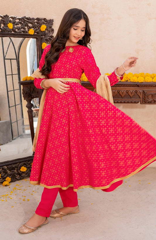 3 Piece Pink Rawsilk Printed Frock - Pink - 10215-Pnk MOD26MT - Festive Collection