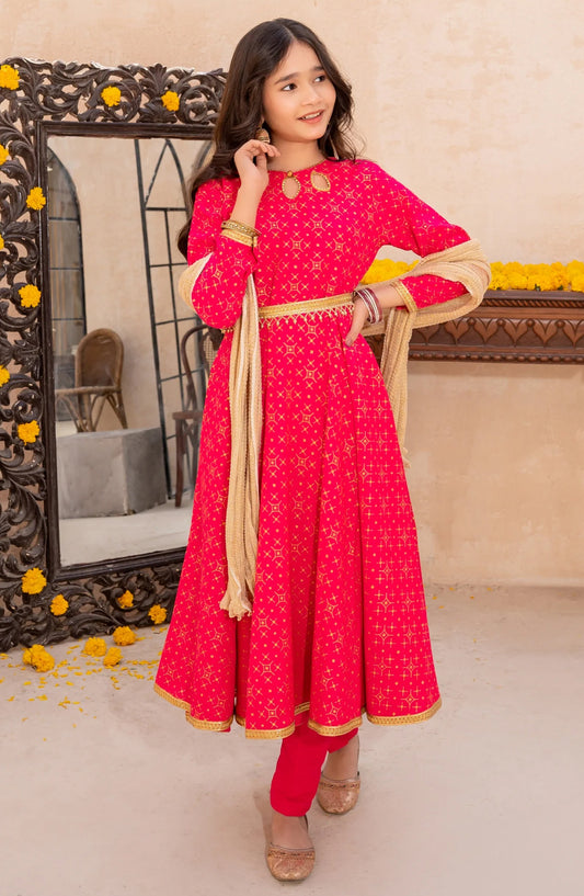3 Piece Pink Rawsilk Printed Frock - Pink - 10215-Pnk MOD26MT - Festive Collection