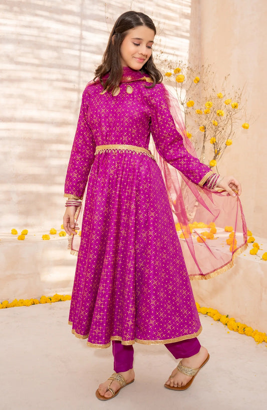 Purple Rawsilk Printed 3 Piece Frock - Purple - 10215-Pprl MOD26MT - Festive Collection