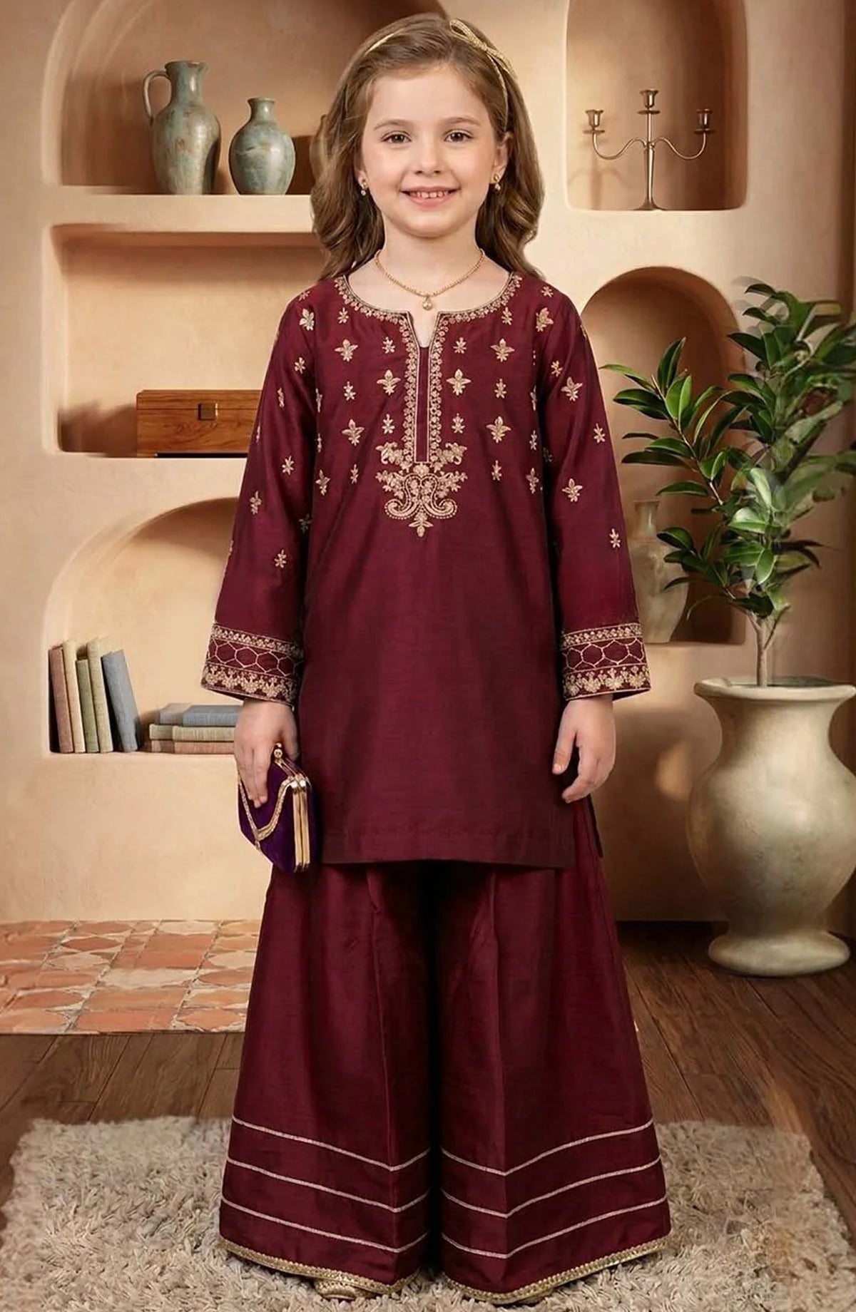 3 Piece Viscose Maroon Embroidered Suit 11035-Mar - MOD26MT - Festive Collection