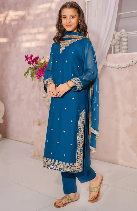 3 Piece Blue Embroidered Crinkle Suit 10675-Grn - MOD26MT - Festive Collection