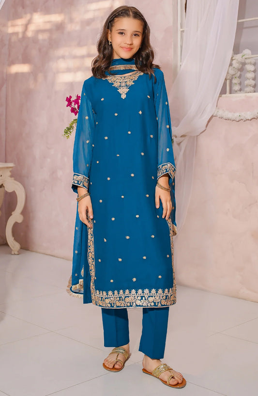 3 Piece Blue Embroidered Crinkle Suit 10675-Grn - MOD26MT - Festive Collection