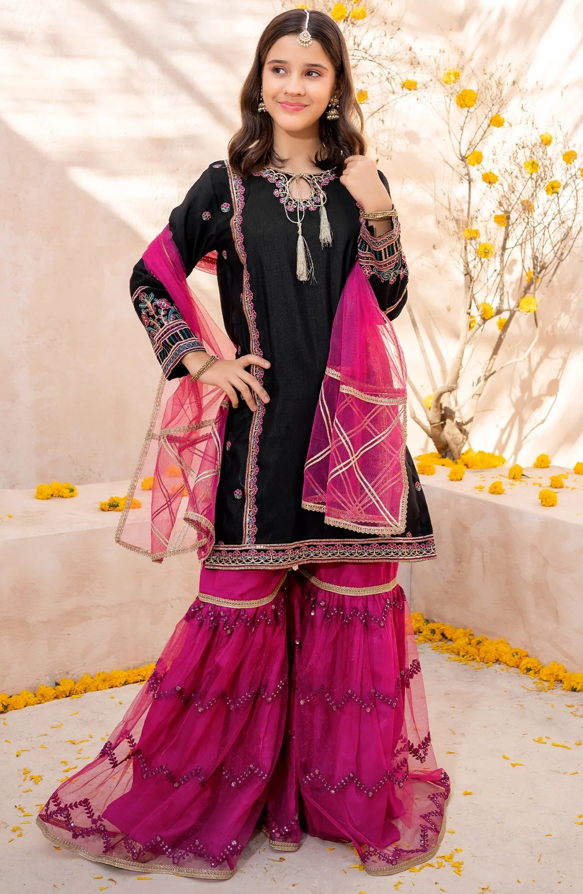 Rawsilk Embroidered 3 Pc Gharara - Black - 10275-Blk MOD26MT - Festive Collection