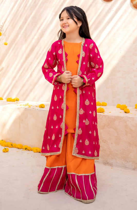 3 Piece Orange Rawsilk Embroidered Gharara - Orange - 10440-Org MOD26MT - Festive Collection