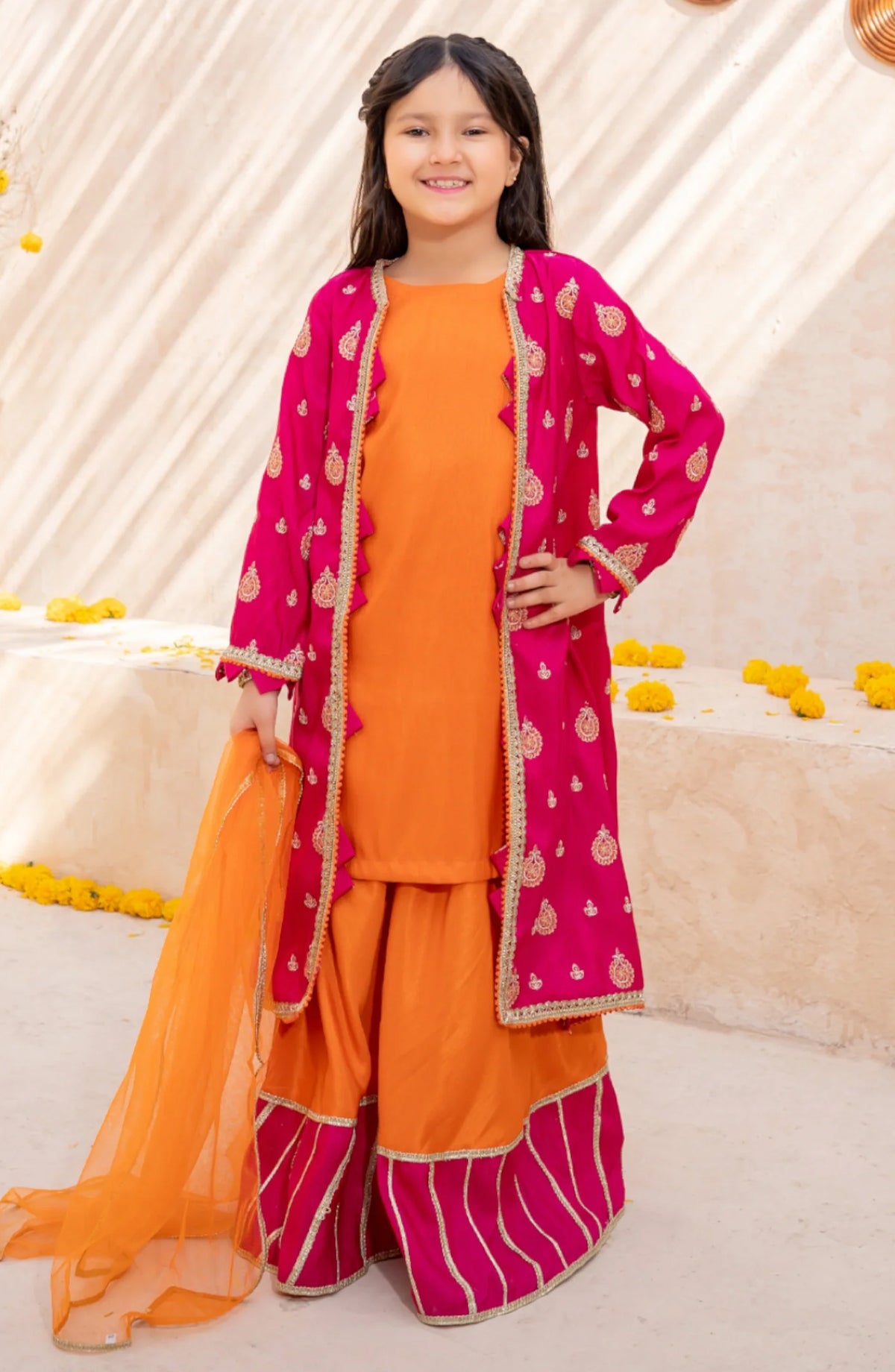 3 Piece Orange Rawsilk Embroidered Gharara - Orange - 10440-Org MOD26MT - Festive Collection