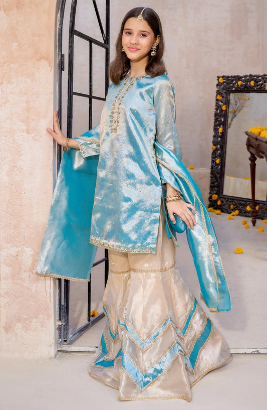 3 Piece Blue Embroidered Maysuri Gharara - Green - 9955-Grn MOD26MT - Festive Collection