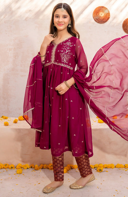 Maroon Crinkle Embroidered 3 Piece - Purple - 10395-Prpl MOD26MT - Festive Collection