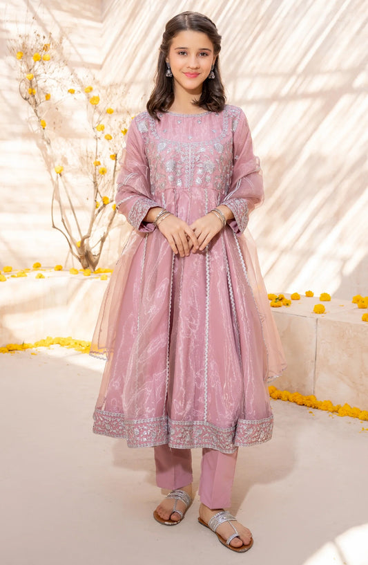 3 Piece Tissue Pink Embroidered Frock - Pink - 10315-Pnk MOD26MT - Festive Collection