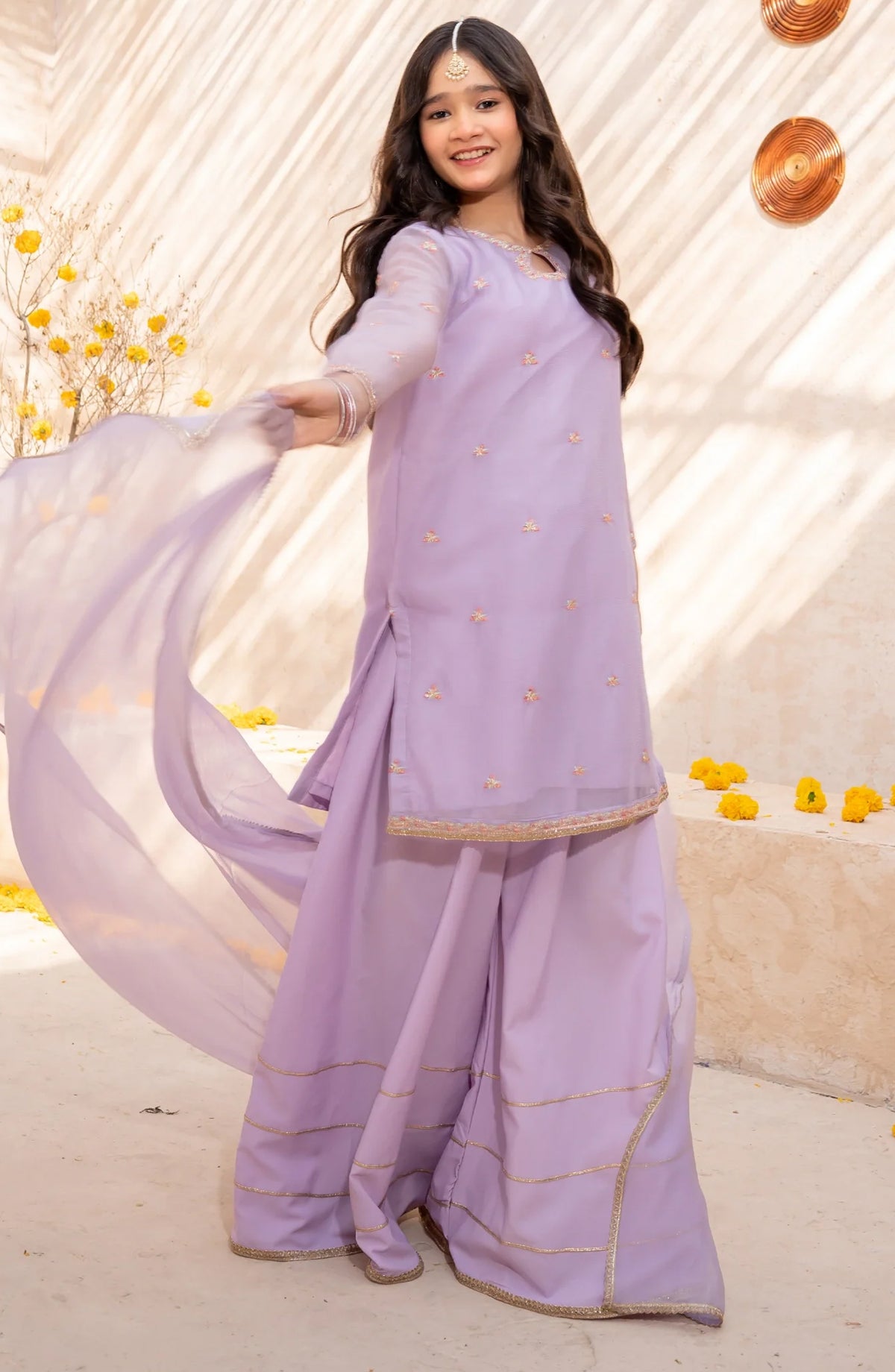Lavender Crinkle Embroidered 3 Piece Suit - Purple - 10425-LPur MOD26MT - Festive Collection