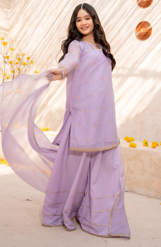 Lavender Crinkle Embroidered 3 Piece Suit - Purple - 10425-LPur MOD26MT - Festive Collection