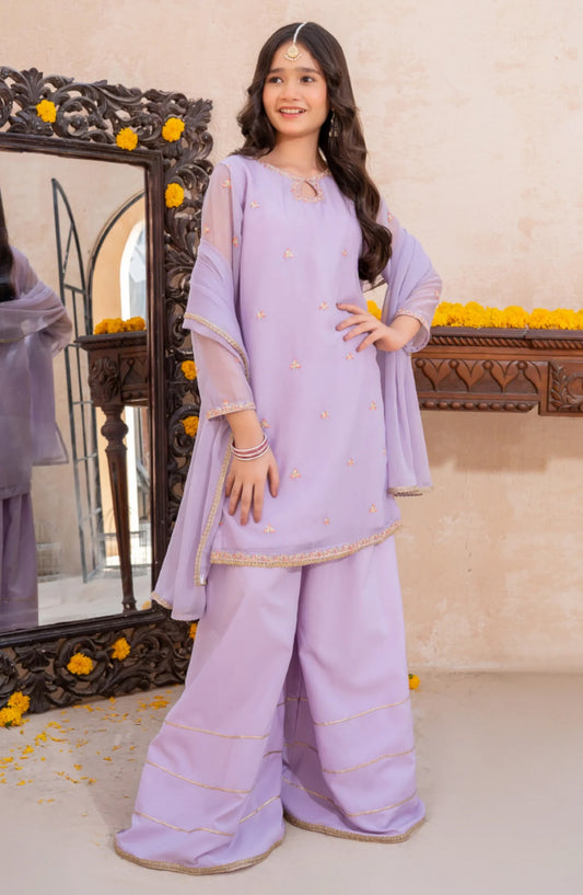 Lavender Crinkle Embroidered 3 Piece Suit - Purple - 10425-LPur MOD26MT - Festive Collection