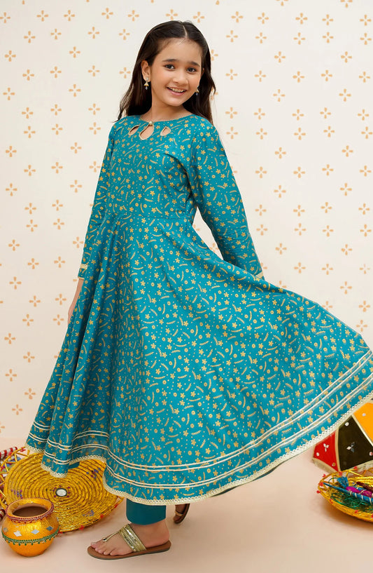 Modest Printed Cotton Stitched 3 Piece Suit - 9485-Blu Rang-e-Falak - MOD25EKA - Blue - Festive Girls Collection