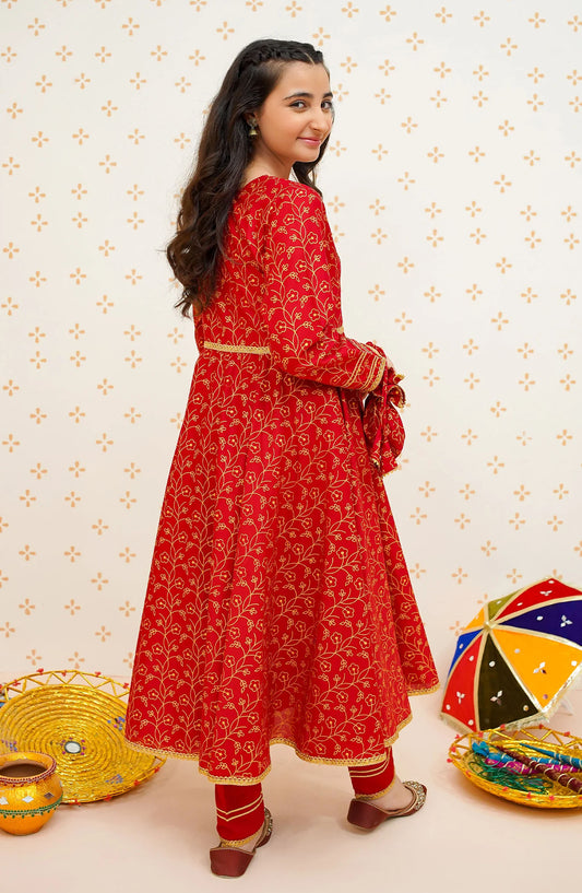 Modest Printed Cotton Stitched 3 Piece Suit - 9475-Red Gul-e-Laal - MOD25EKA - Red - Festive Girls Collection