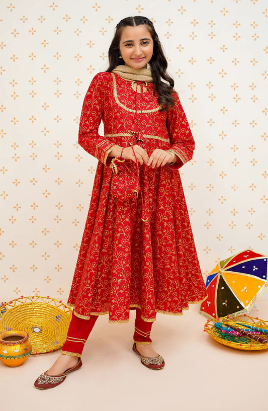 Modest Printed Cotton Stitched 3 Piece Suit - 9475-Red Gul-e-Laal - MOD25EKA - Red - Festive Girls Collection