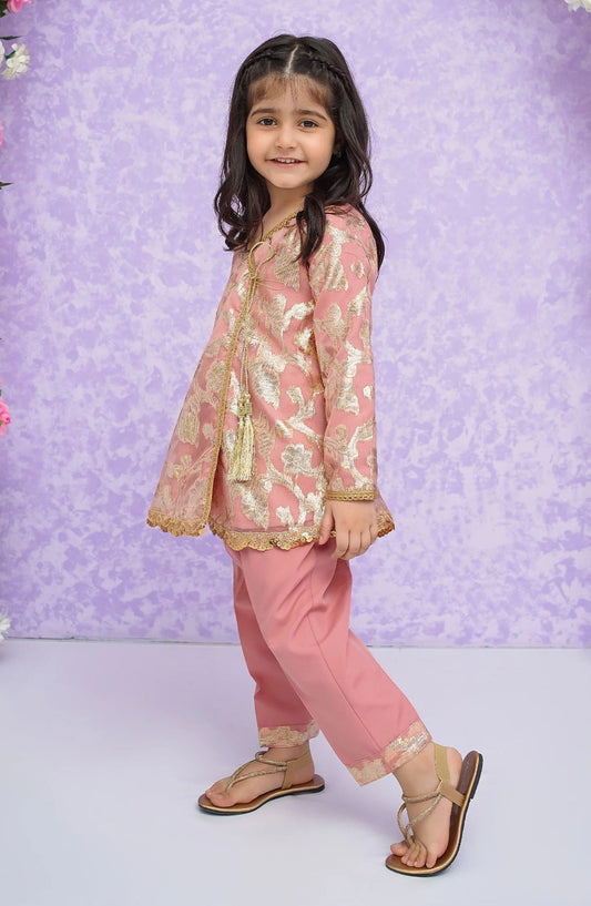 Modest Printed Banarasi Stitched 2 Piece Suit - 9415-Pnk Hoor - MOD25EKA - Pink - Festive Girls Collection