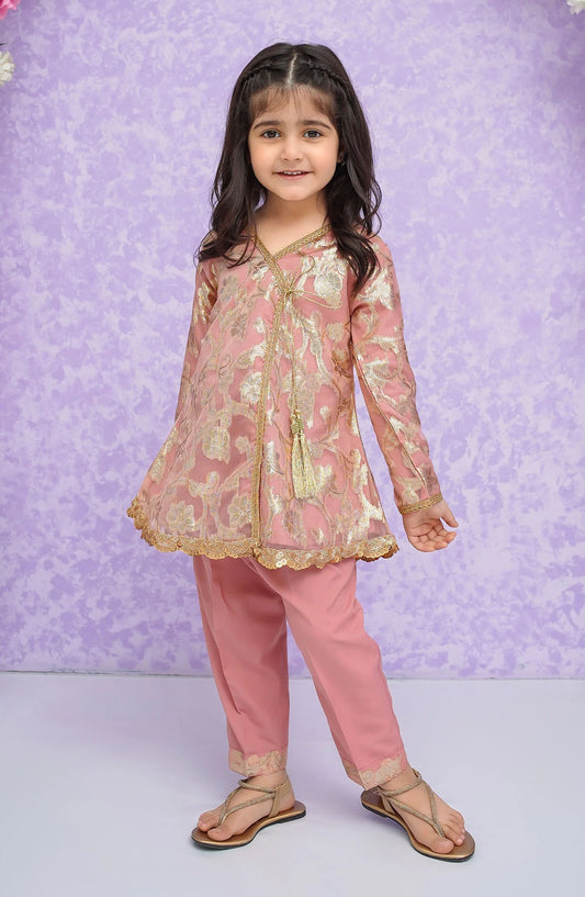Modest Printed Banarasi Stitched 2 Piece Suit - 9415-Pnk Hoor - MOD25EKA - Pink - Festive Girls Collection