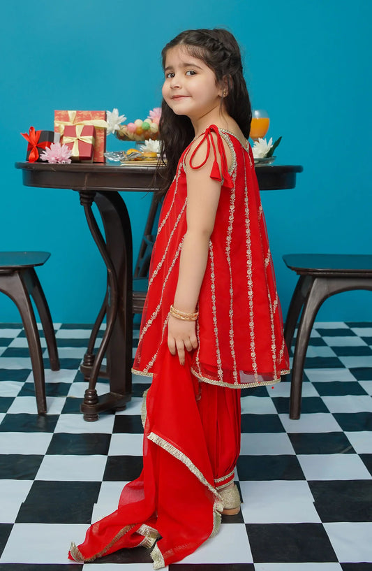 Modest Printed Net Stitched 3 Piece Suit - 9290-Red Gulabo - MOD25EKA - Red - Festive Girls Collection