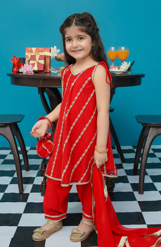 Modest Printed Net Stitched 3 Piece Suit - 9290-Red Gulabo - MOD25EKA - Red - Festive Girls Collection