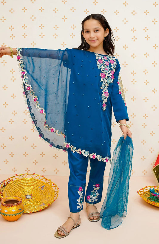Modest Embroidered Chiffon Stitched 3 Piece Suit - 9240-Blu-Pearl Cape Dress - Blue - MOD25EKA - Festive Collection