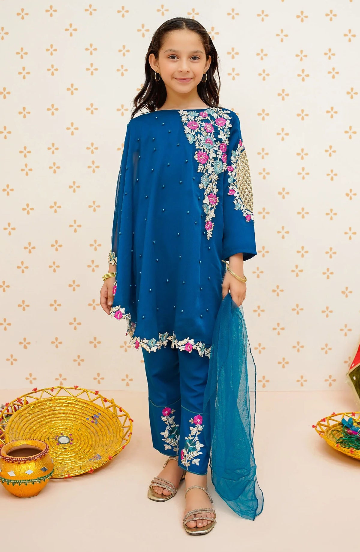 Modest Embroidered Chiffon Stitched 3 Piece Suit - 9240-Blu-Pearl Cape Dress - Blue - MOD25EKA - Festive Collection