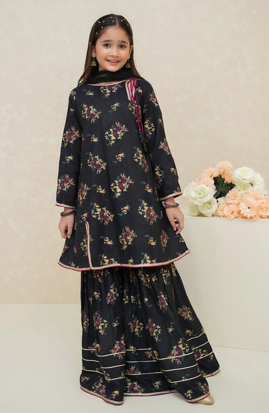 Modest Printed Rawsilk Stitched 3 Piece Suit - 9385-Blk-Siyara - MOD25SP - Black - Summer Girls Collection
