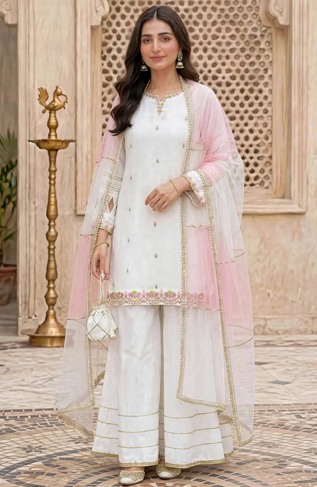 Women 3 Piece White Chiffon Outfit - W297-Wht - Chiffon - MOD26TWF - Festive Collection