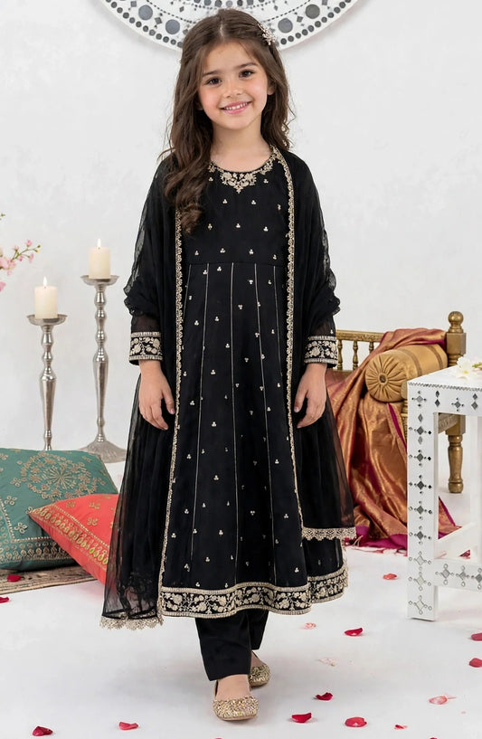 Girls 3 Piece Black Crinkle Embroidered Suit - 11370-Blk - Crinkle - MOD26TWF - Festive Collection