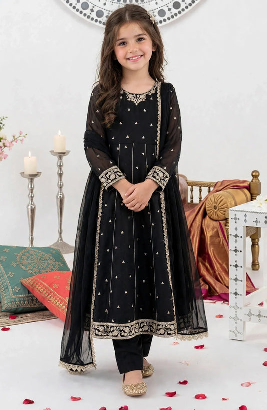 Girls 3 Piece Black Crinkle Embroidered Suit - 11370-Blk - Crinkle - MOD26TWF - Festive Collection