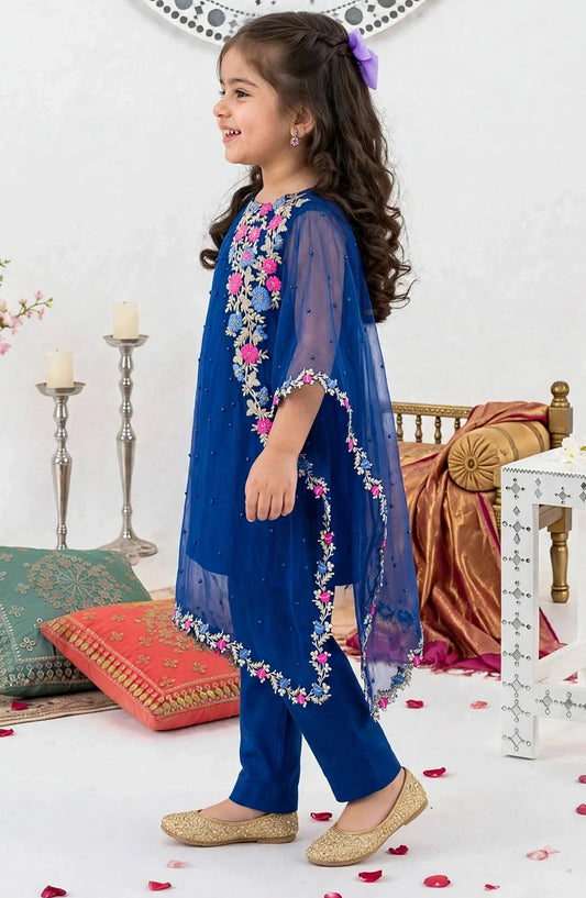 Girls 3 Piece Blue Chiffon Embroidered Outfit - A016-Blu - Chiffon - MOD26TWF - Festive Collection