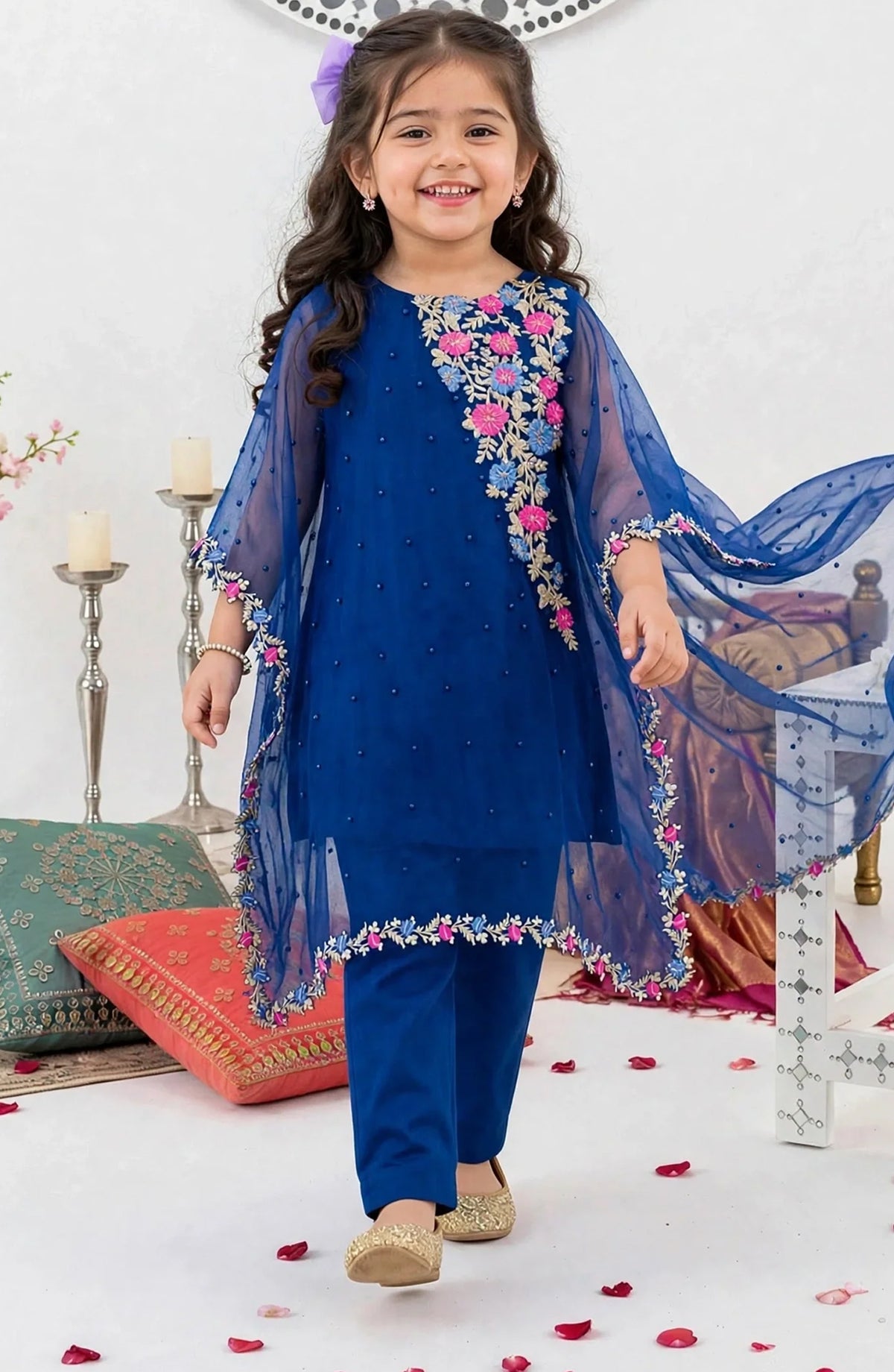 Girls 3 Piece Blue Chiffon Embroidered Outfit - A016-Blu - Chiffon - MOD26TWF - Festive Collection
