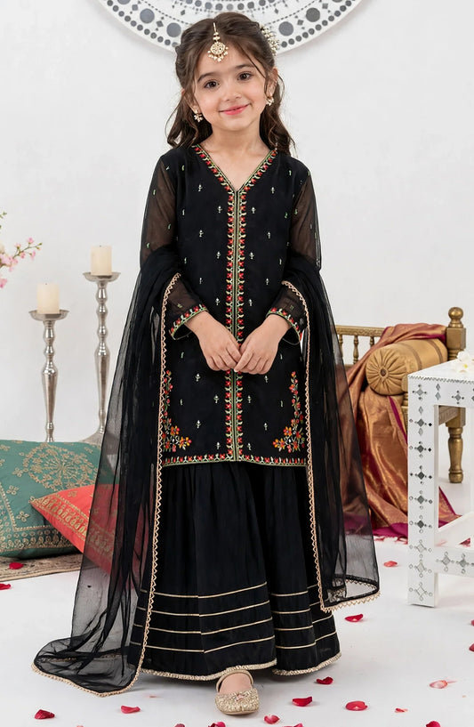 Girls 3 Piece Black Crinkle Embroidered Outfit - 11400-Blk - Crinkle - MOD26TWF - Festive Collection