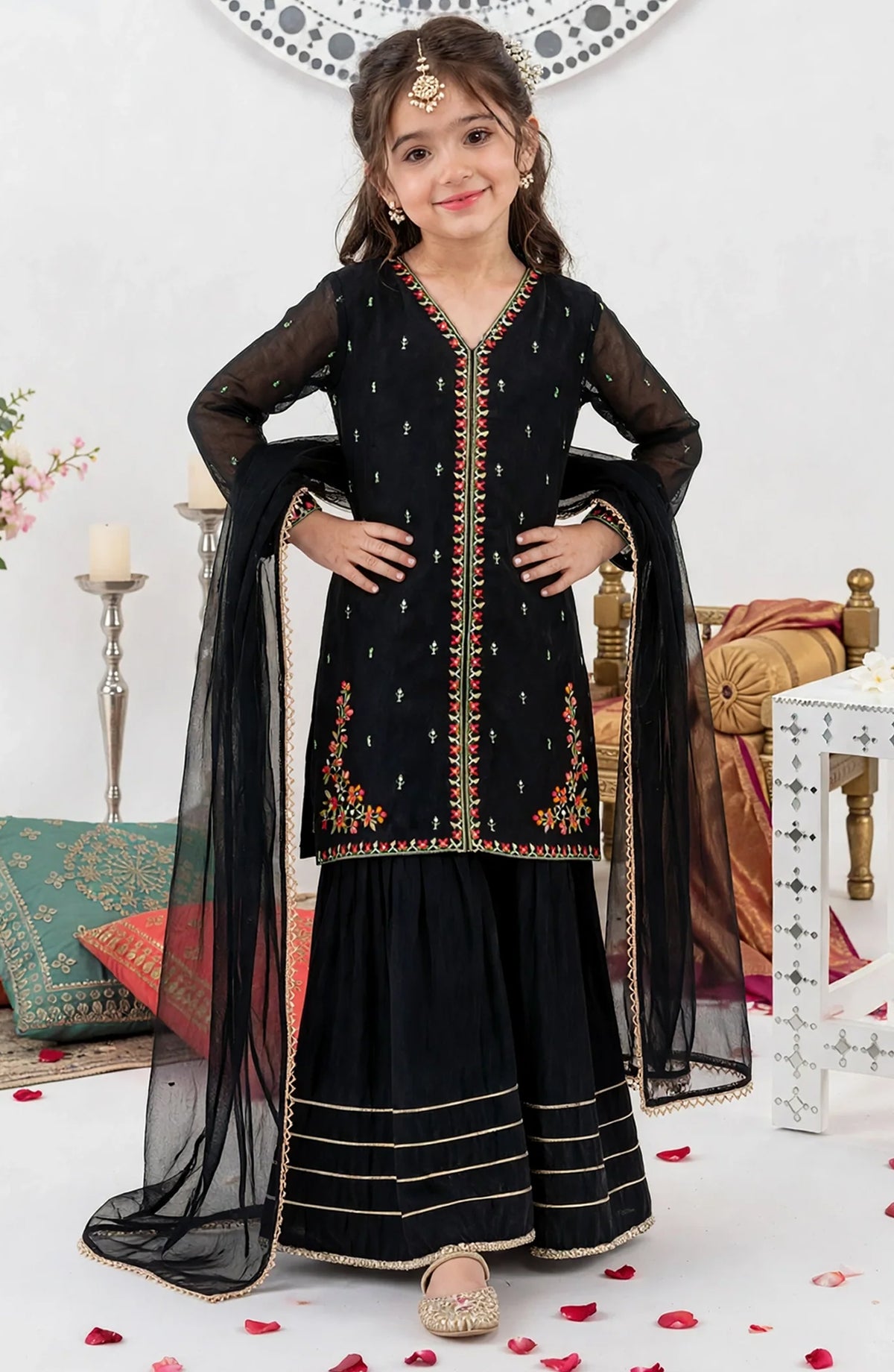 Girls 3 Piece Black Crinkle Embroidered Outfit - 11400-Blk - Crinkle - MOD26TWF - Festive Collection