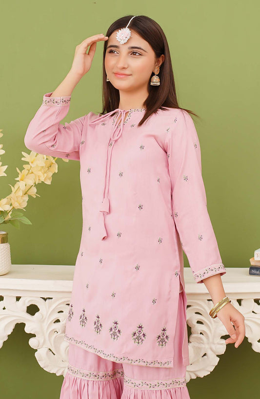 Modest Embroidered Raw Silk Stitched 3 Piece Suit - 9975-Pnk - MOD25PRF - Pink - Festive Girls Collection