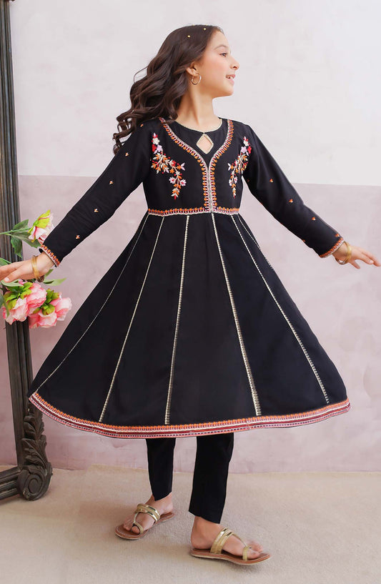 Modest Printed Linen Stitched 3 Piece Suit - 10080-Blk - MOD25PRF - Black - Festive Girls Collection