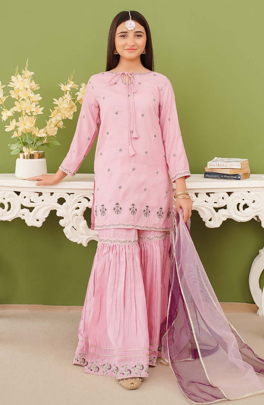 Modest Embroidered Raw Silk Stitched 3 Piece Suit - 9975-Pnk - MOD25PRF - Pink - Festive Girls Collection