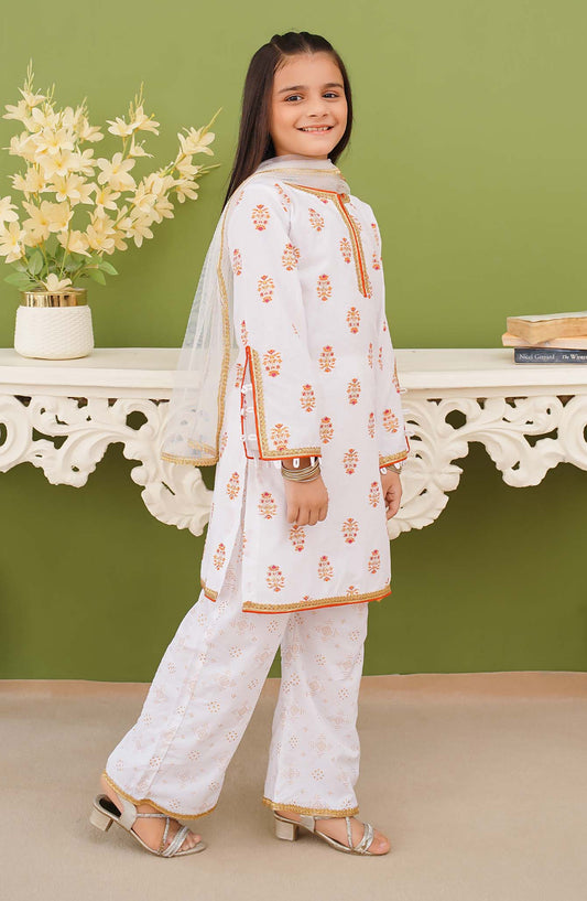 Modest Printed Cotton Stitched 3 Piece Suit - 9705-Wht - MOD25PRF - White - Festive Girls Collection